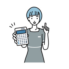 立って電卓を持ってこちらに向けて見せているエステ店員・受付・接客係の女性