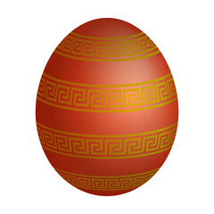 Festive holiday Easter egg. Realistic mother of pearl shiny egg decorated with orange red ornament. Realistic 3d vector isolated on white background