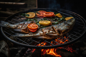 As the fish and peppers cook over the charcoal grill, the smoky aroma wafts through the air, ai generative