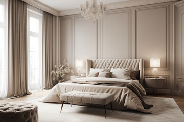 Opulent bedroom with a centrally placed bed and marble slabs throughout. Featuring mild beige hues, including white, milk, brown, and taupe. The interior design includes a blank wall for versatility