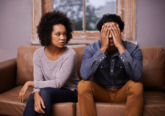 Divorce, fight and couple on a couch, depression and affair with partners at home, relationship...