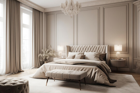 Opulent bedroom with a bed in the middle and marble slabs throughout. Mild beige hues, including white, milk, brown, and taupe. Blank wall interior design