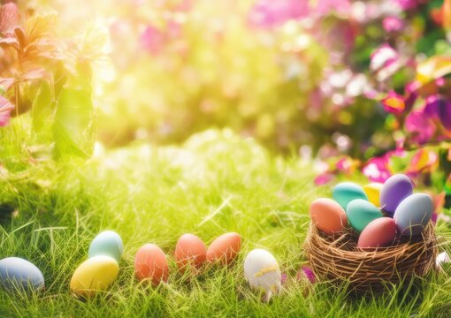 Easter eggs in a basket Colourful Background