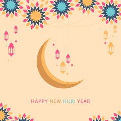 Happy Islamic new year greeting card with a crescent moon and stars