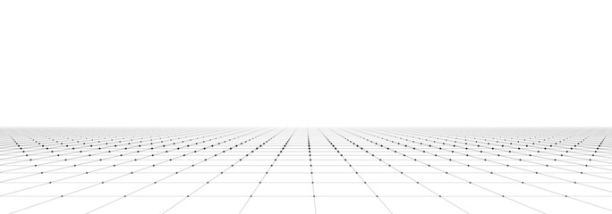 Vector perspective grid on white background. Dots connected by lines. Digital cyberspace. Network connection structure. Vector illustration for website.