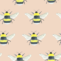 Seamless pattern with yellow bees on beige background