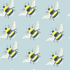 Seamless pattern with yellow bees on blue background