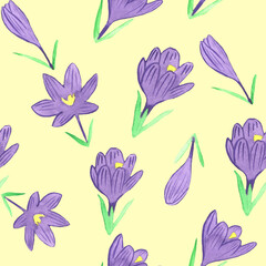 Fototapeta na wymiar Seamless pattern with big lilac flowers crocus on yellow background