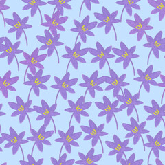 Seamless pattern with small lilac flowers on blue background