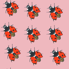 Seamless pattern with red ladybugs on pink background