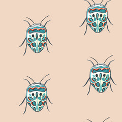 Seamless pattern with colorful bugs on beige background