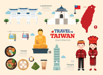 Obraz premium Travel Taiwan flat icons set. Taiwanese element icon map and landmarks symbols and objects collection. Vector Illustration