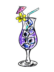 Lilac cocktail with ice cubes, decorated with a yellow flower and an umbrella