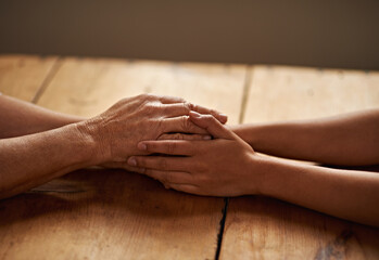 Support, unity and closeup of people holding hands for grief, hope and sympathy after loss....