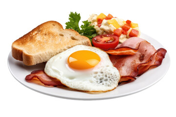 Fototapeta na wymiar American breakfast set with eggs bacon toast and sausage on transparent background. Generative Ai