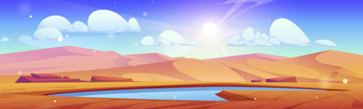 Desert landscape with lake water vector background. Empty oasis pond hole in drought Africa Sahara panorama scene. Egyptian sand nature hills game scenery with waterhole and sun beam in blue sky.