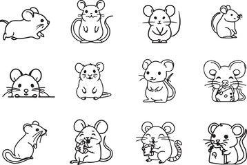 Set of cute mice rat line art vectors