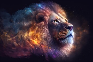 Naklejka premium A close up of a lion on a black background, an airbrush painting, fantasy art, red blue and gold color scheme by Generative AI