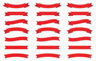 Set of red straight and curved ribbon banner, badge label with dash line for text or title, vector illustration