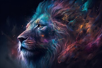  A close up of a lion on a black background, an airbrush painting, fantasy art, red blue and gold color scheme by Generative AI