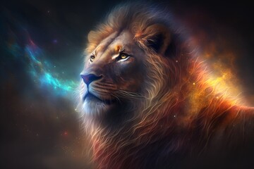 Naklejka premium A close up of a lion on a black background, an airbrush painting, fantasy art, red blue and gold color scheme by Generative AI