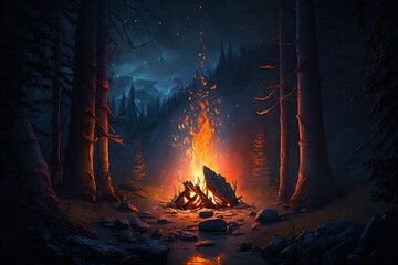 A campfire in the middle of a forest at night, a digital painting, Artstation, icon for weather app, the artist has used bright, realistic fire sharp focus by Generative AI