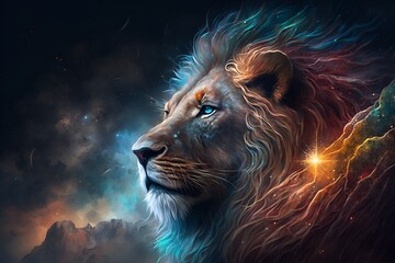 Naklejka premium A close up of a lion on a black background, an airbrush painting, fantasy art, red blue and gold color scheme by Generative AI