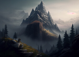 Verdant Mountain Peaks of Serenity: A Tranquil Journey Through Lush Pine Forests and Majestic Mountains in Natural Landscape Environment