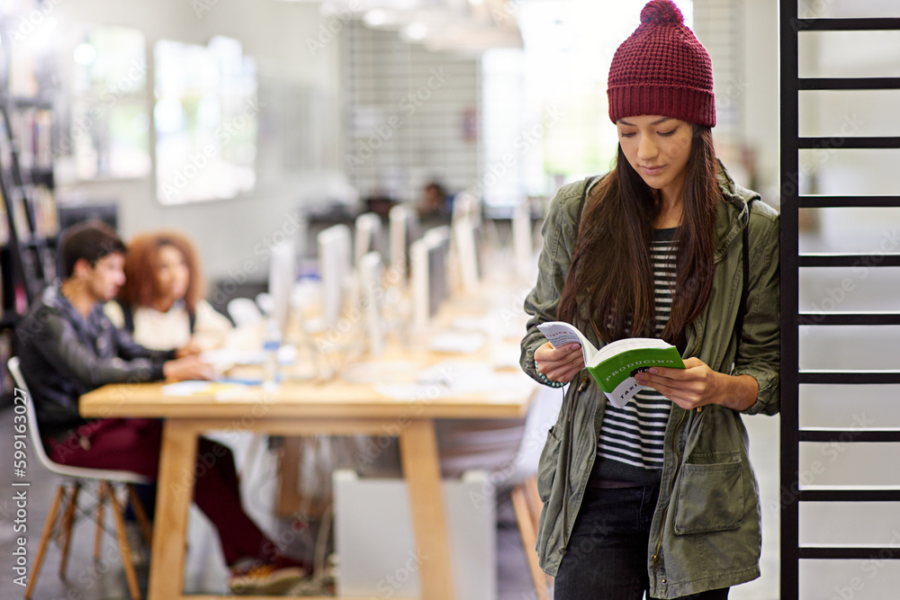 Poster woman, student in library reading book and study for exam or research for project on university camp