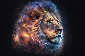 Fototapeta premium A close up of a lion on a black background, an airbrush painting, fantasy art, red blue and gold color scheme by Generative AI