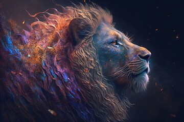 Naklejka premium A close up of a lion on a black background, an airbrush painting, fantasy art, red blue and gold color scheme by Generative AI
