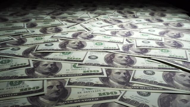 US American Dollar Bills Money - Camera flying Close up over stacked &ndash; $100 Banknotes