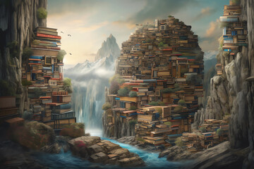 otherworldly landscape populated by towering stacks of books. generative AI - obrazy, fototapety, plakaty