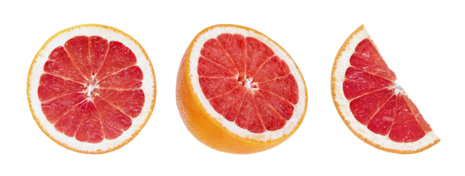 Set of fresh slices grapefruit. Grapefruit isolated. Collection of grapefruit slice, half on white.