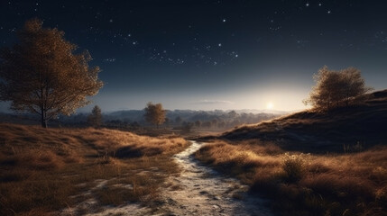 Naklejka na ściany i meble Fantasy landscape with meadow and trees at night.generative ai