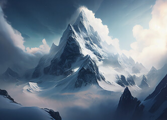 Sunset Serenade: A Mesmerizing Vista of Snow-Draped Mountain Peaks and Celestial Clouds Amidst the Fading Light before it Gets Dark