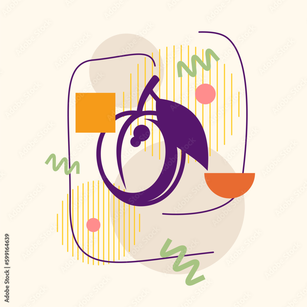 Poster vector graphics in a minimalistic style with geometric elements. illustration of a plum in a flat st