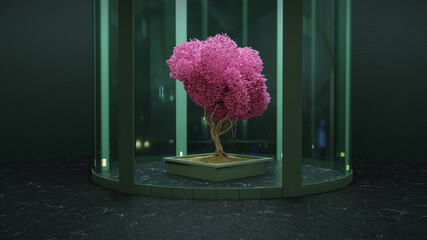 Fantasy tree in futustic museum 3d render