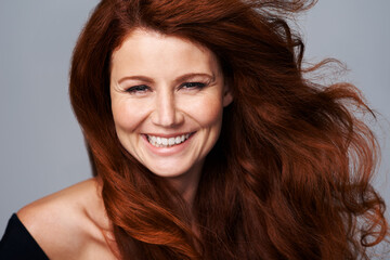 Hair care, ginger and portrait of happy woman with beauty for treatment, wellness and haircare on...