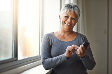 Happy, phone and and portrait of senior woman texting, message or typing online internet, website or web search. Happiness, retirement and elderly person scroll on social media, app or smartphone ui