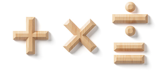 Letters and symbols made of wood. 3d illustration of wooden alphabet isolated on white background