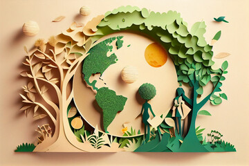 A paper cut out of a forest with a rabbit and a tree an ecology concept