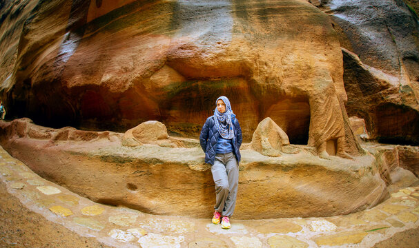 Petra Jordan a wonder of the world a tourist pose