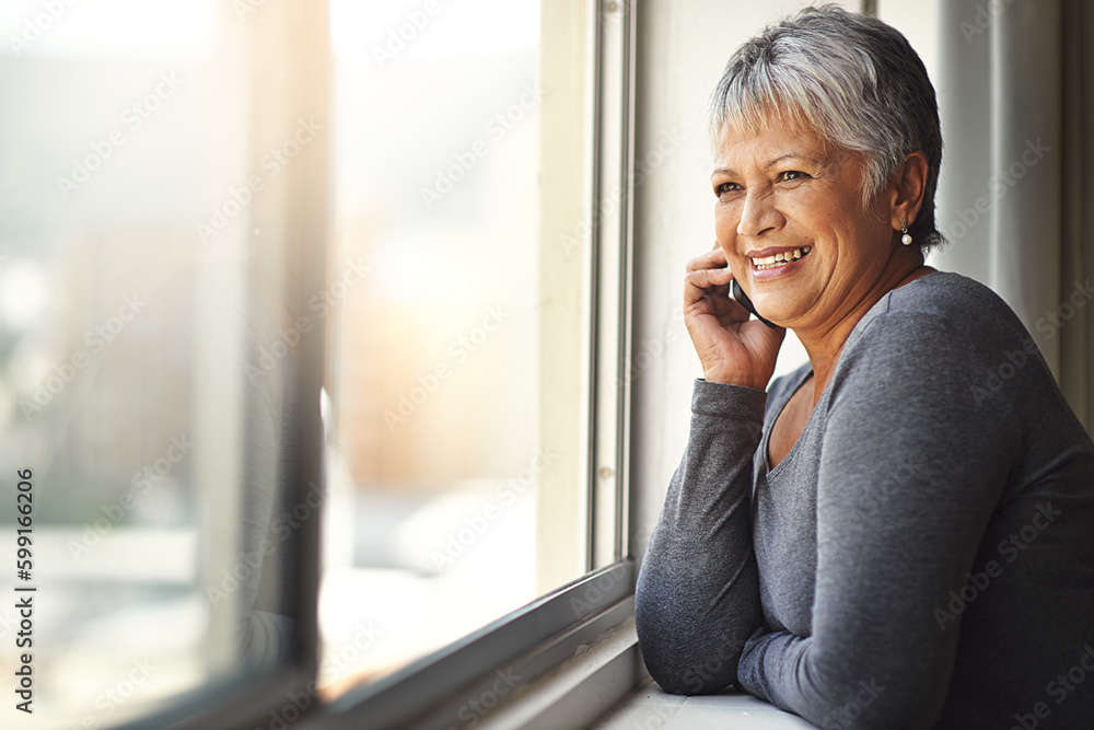 Poster Phone call, happy and senior woman talking, speaking and chat on mobile conversation, discussion or networking. Communication, window and relax elderly person talk to smartphone contact