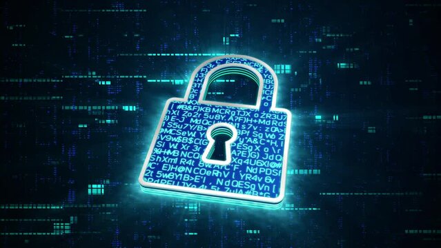 3D blue lock glowing shining with blue binary code encryption data, Privacy security protection network encode decode online access concept