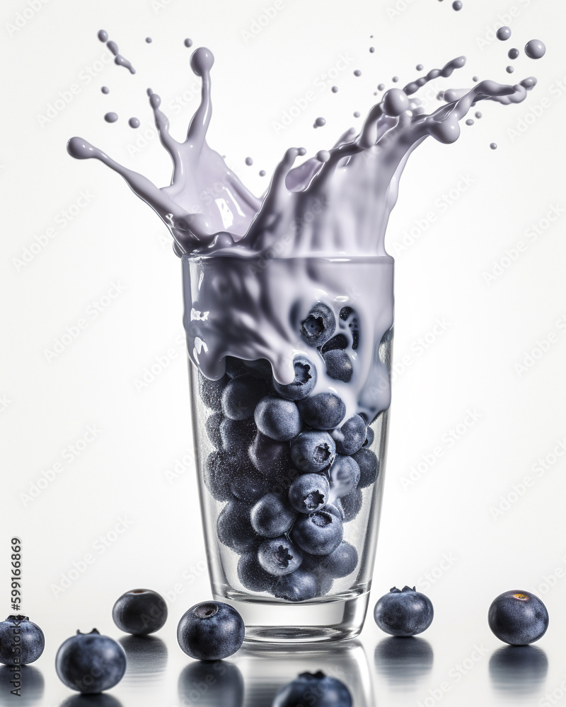 Sticker Fresh delicious wild blueberry, falls into a long glass of yogurt, isolated on a white, background, sprinkling effect