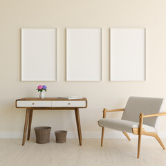 living room set of 3 white realistic 3d render frame mockups, frame templates for poster chair and table combination.