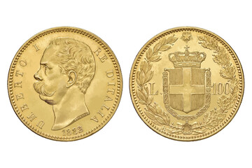 Old coin. Italian Coin. Umberto I  Gold 100 Lire. Vector illustration.
