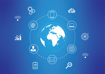 Social networking business internet of things concept with icons on gradient blue background. illustrations featuring modern technology.