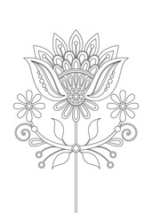 Flower Inspired by Ukrainian Traditional Embroidery. Ethnic Floral Motif, Handmade Craft Art. Single Design Element. Coloring Book Page. Vector Contour Illustration